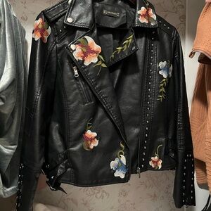 Embroidered Black Leather Jacket with Studded Details